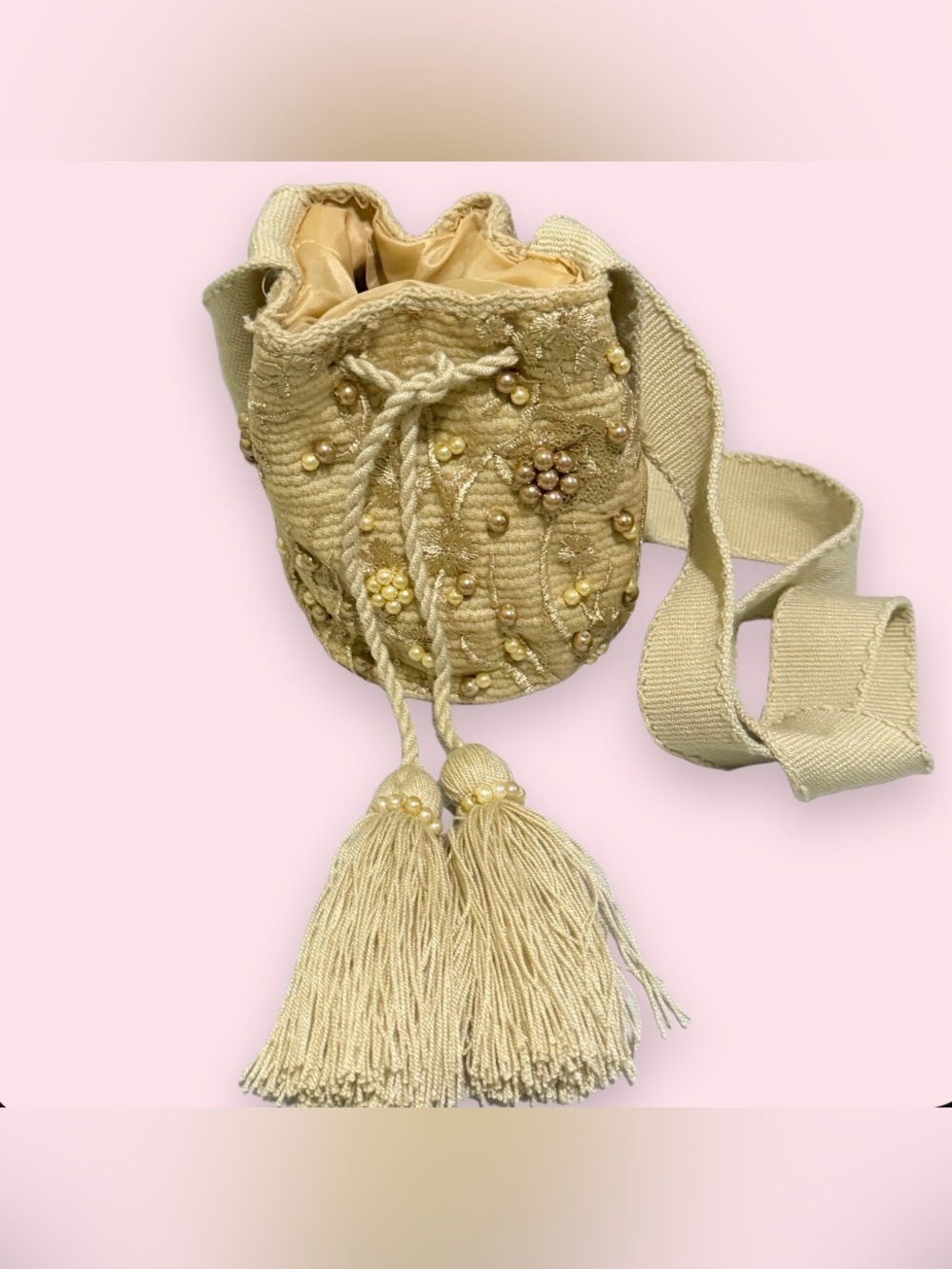 Embellished Drawstring Satchel Bag in Cream